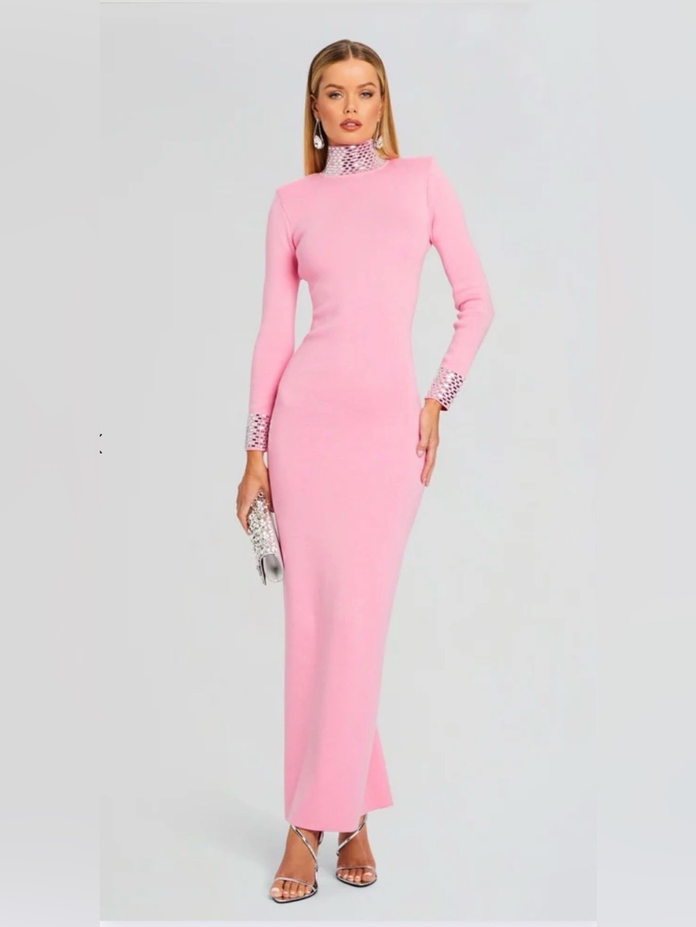 Retrofete Pink Long-Sleeve Evening Gown with Embellished Collar